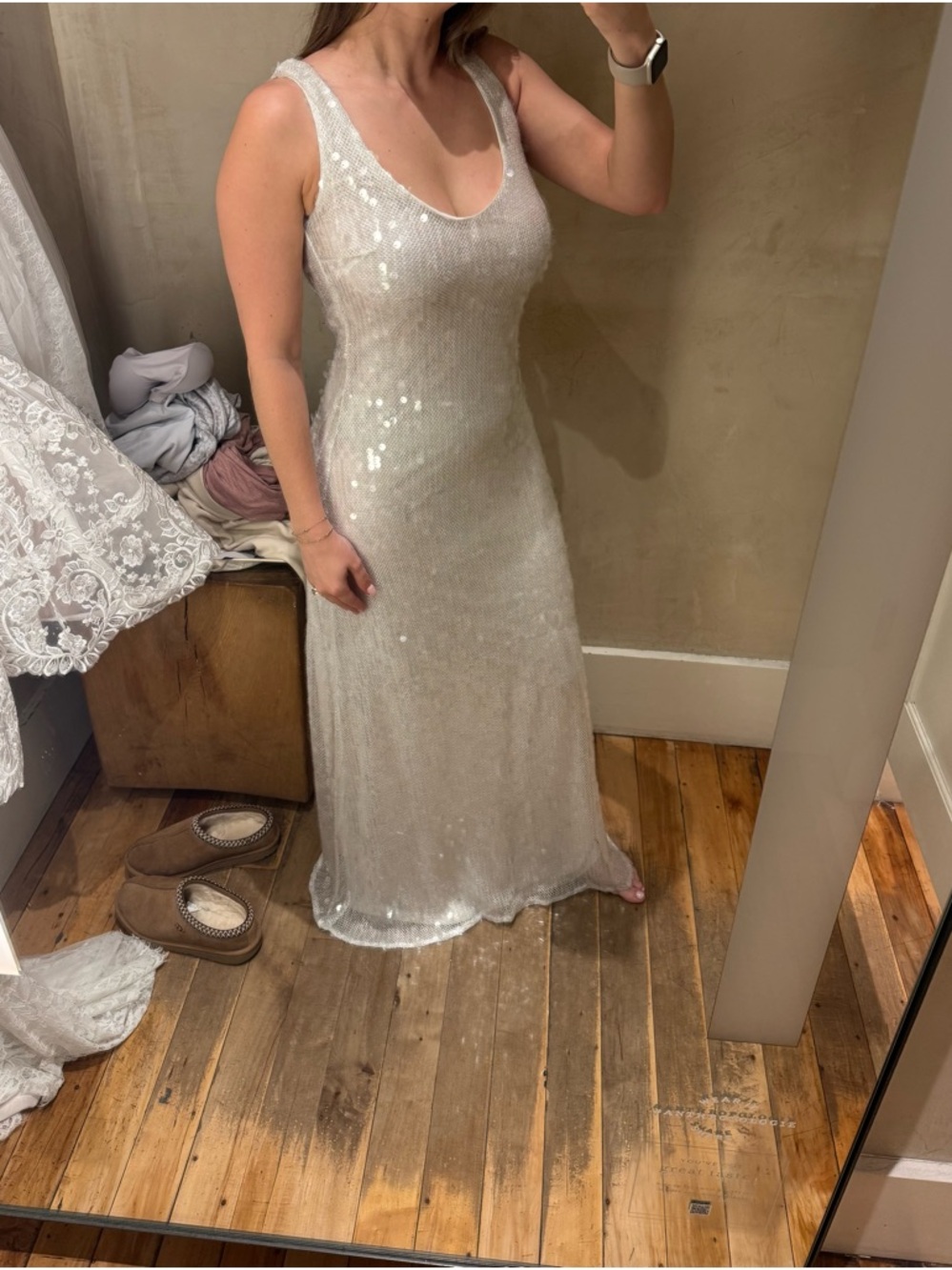 NWT Anthropologie White Sequin Scoop-Neck Maxi Dress